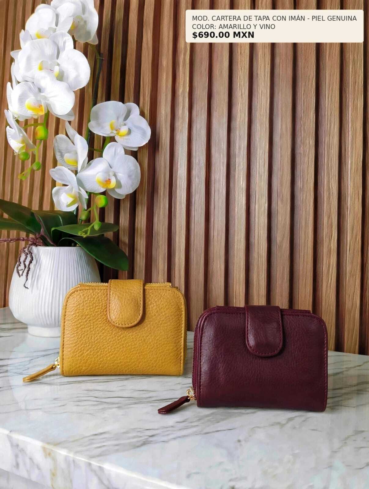 CARTERA MEDIANA CON IMAN AMARILLO Y VINO